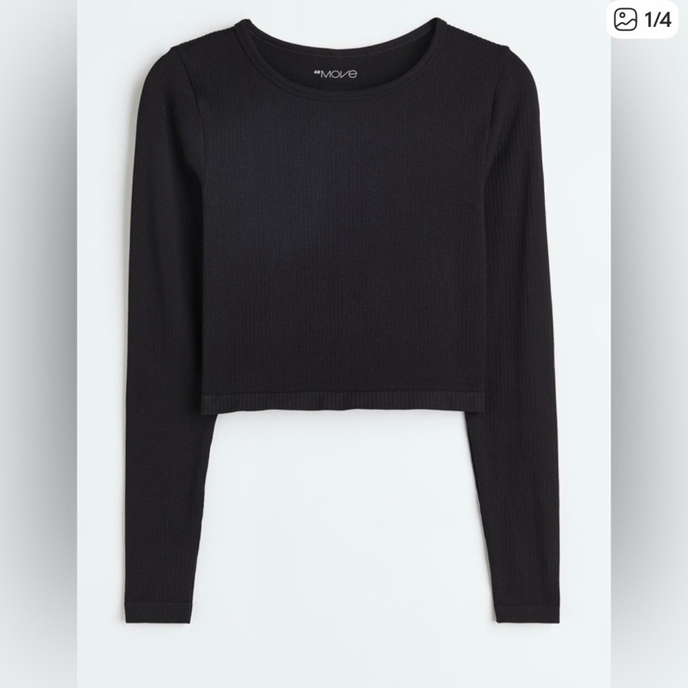 H&M Move Black Seamless Ribbed Long Sleeve Crop Top | Activewear | Size M